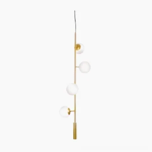 Orb pendant light with frosted glass globe and brass rod, front view on white background