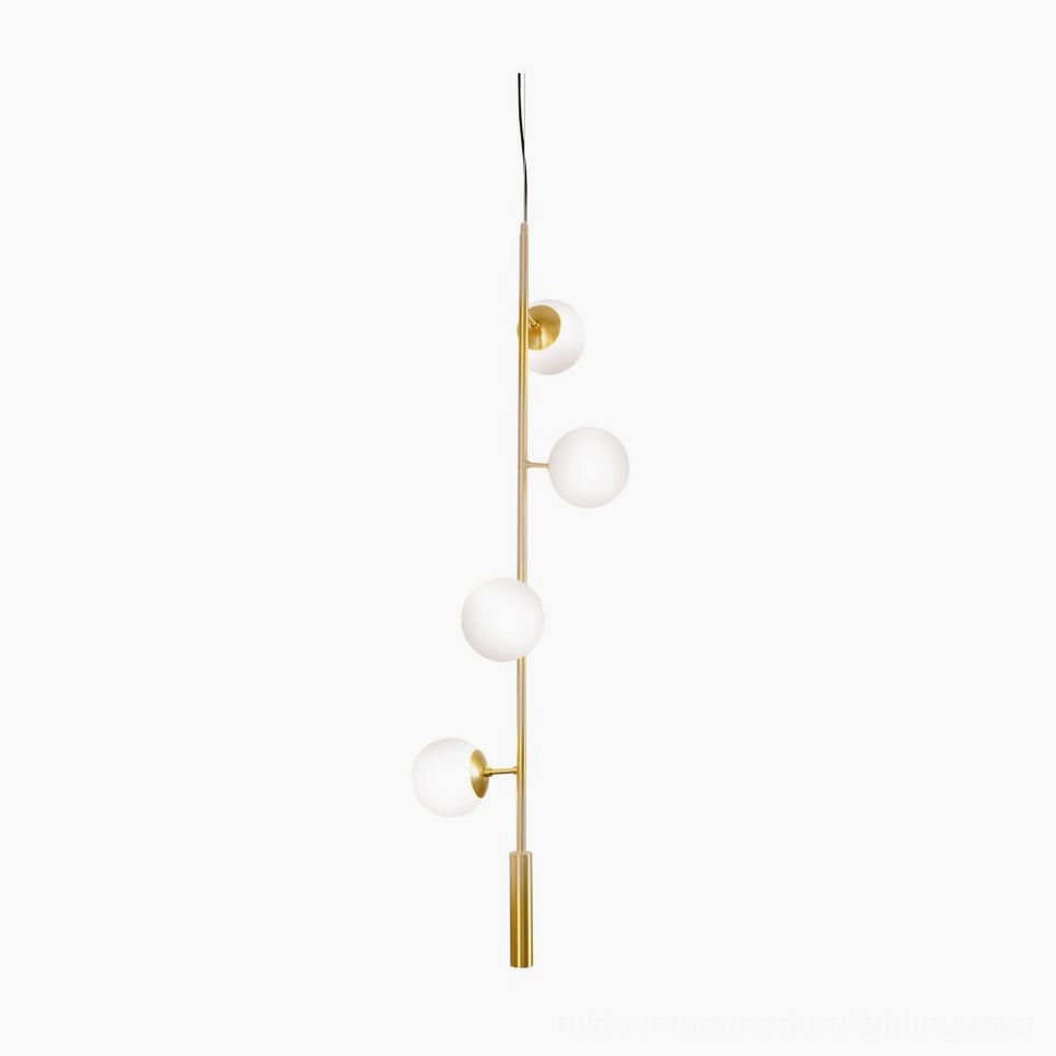 Orb pendant light with frosted glass globe and brass rod, front view on white background