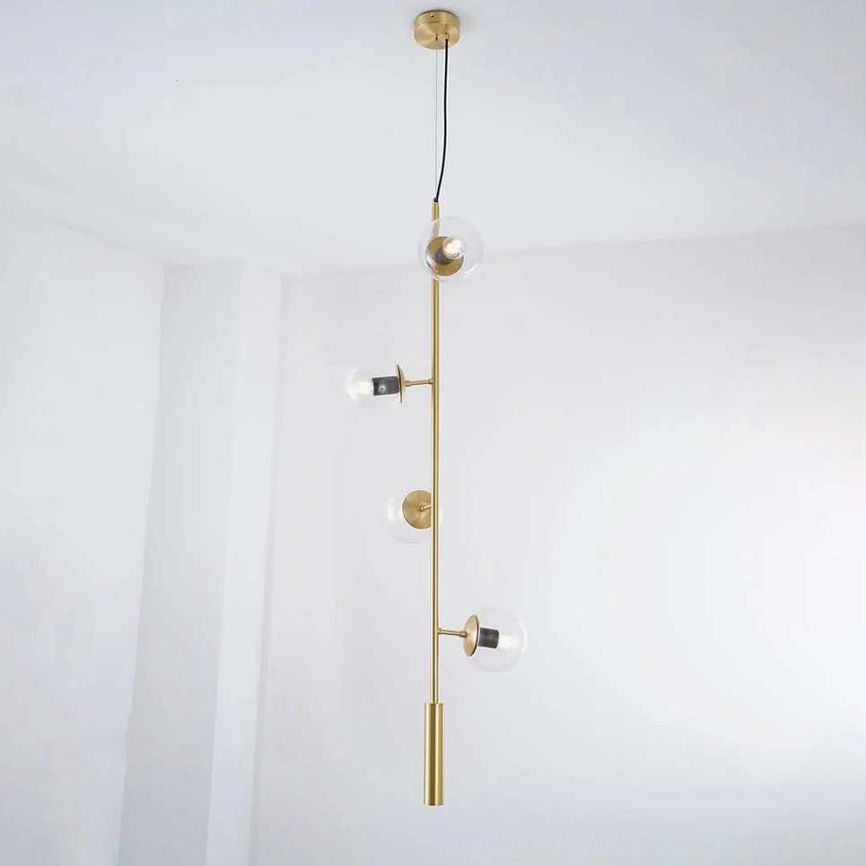 Clear glass orb pendant light with black metal rod, transparent glass fixture