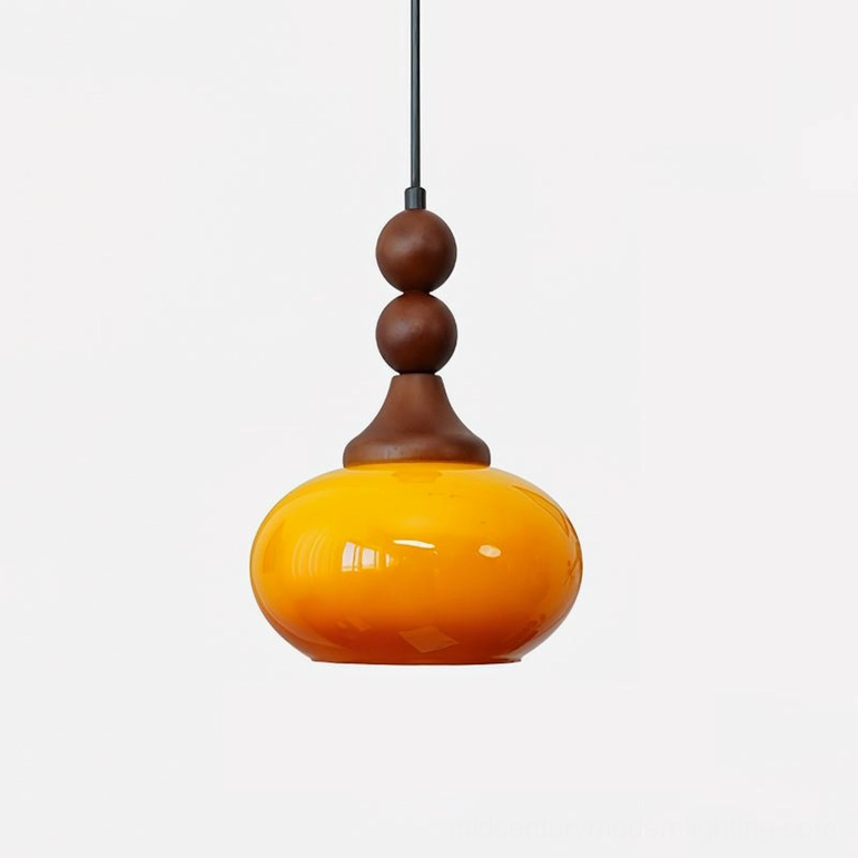 Orbique pendant light caramel and walnut color variant shown on bedroom side table styling