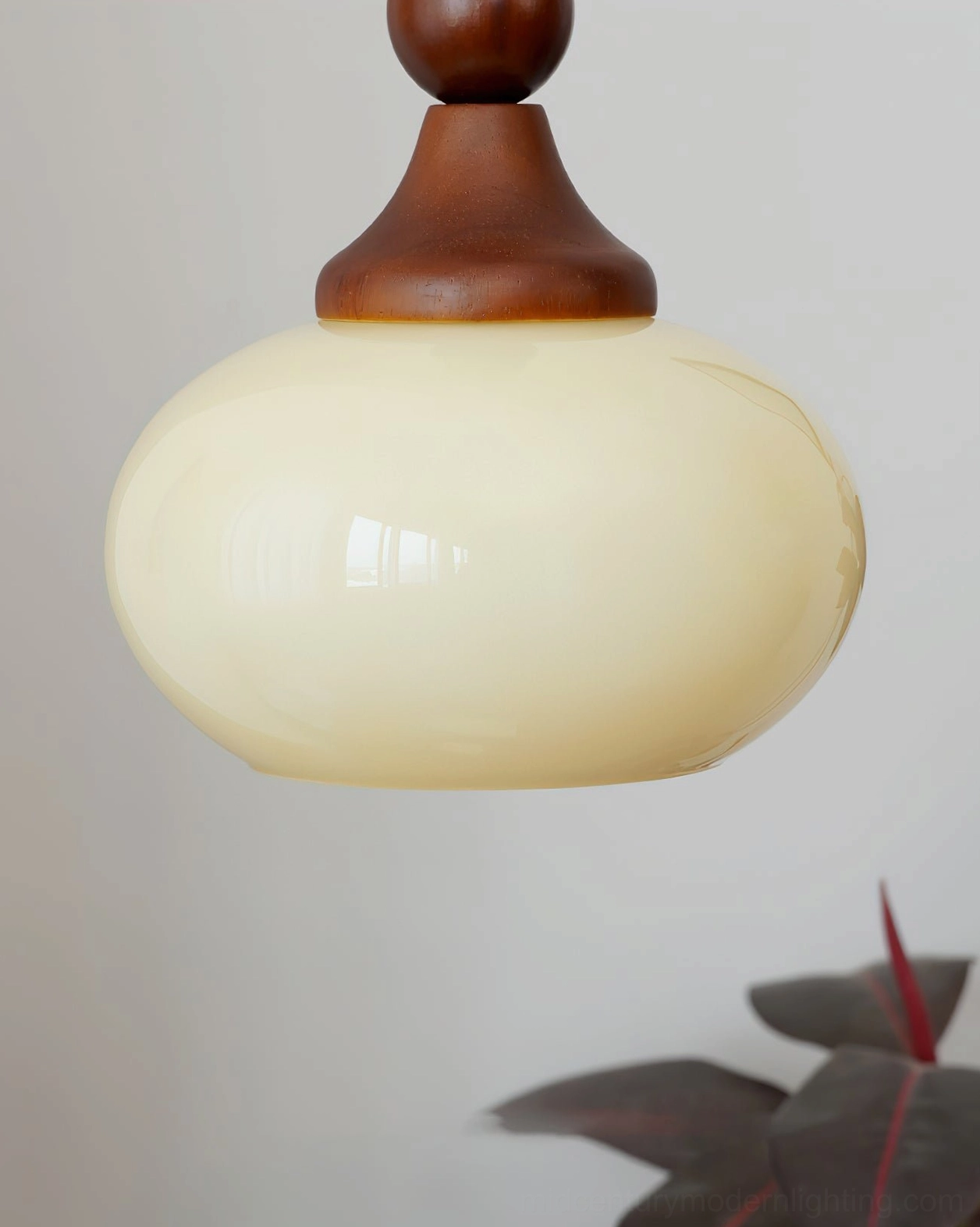 Orbique mid-century modern pendant light full assembly with walnut wood finial and warm glass shade