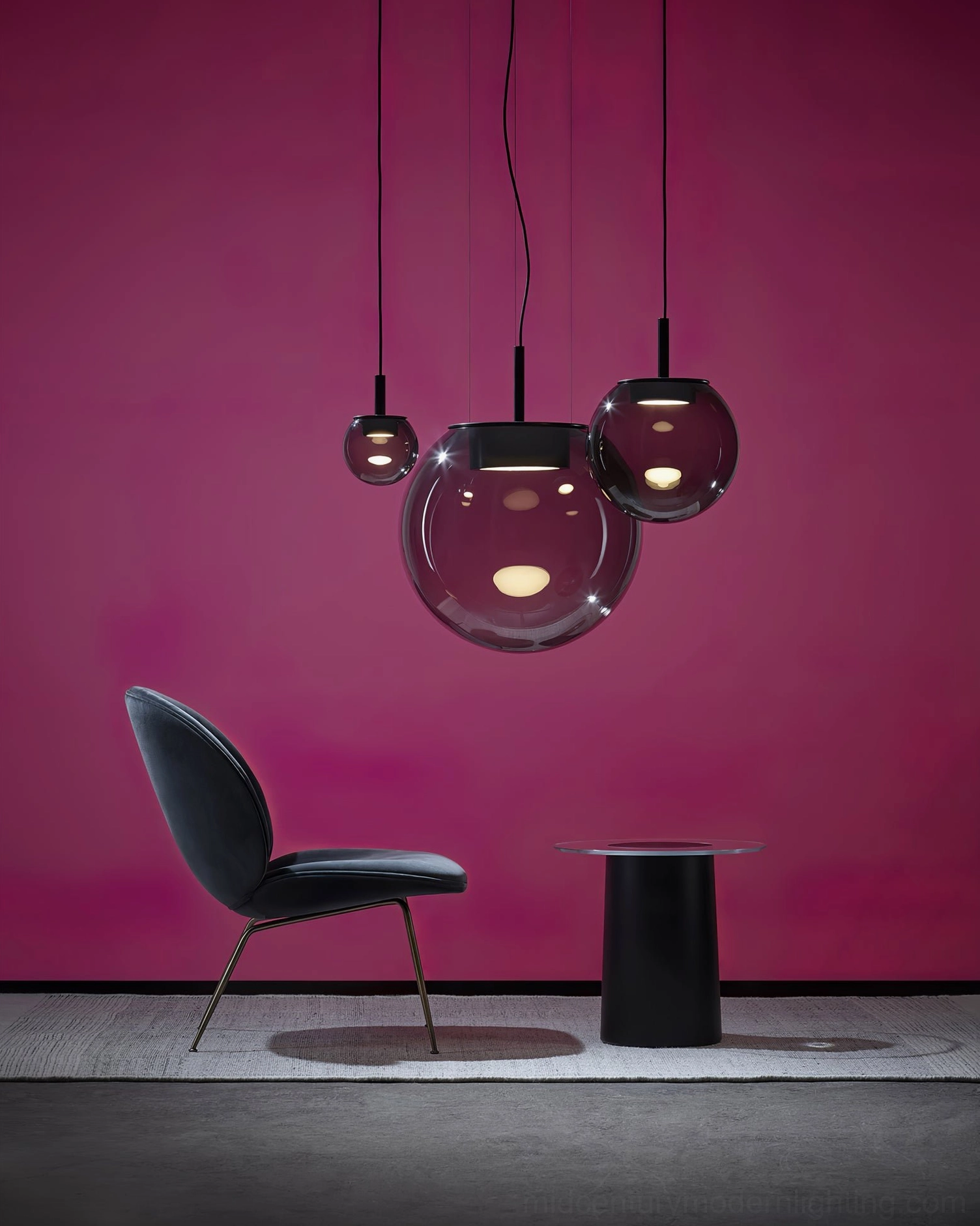 Orbis burgundy-toned cluster pendant lamps - bold contemporary decorative lighting with magenta accent wall