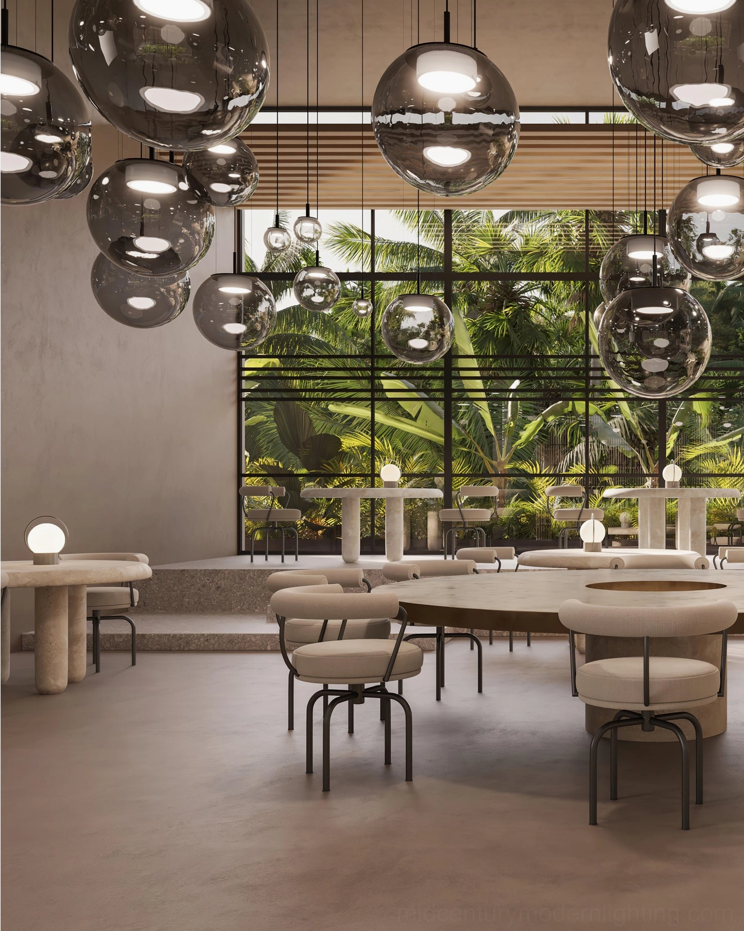 Large Orbis cluster pendant lamps in tropical modern restaurant - polished smoke glass spheres warm ambient lighting