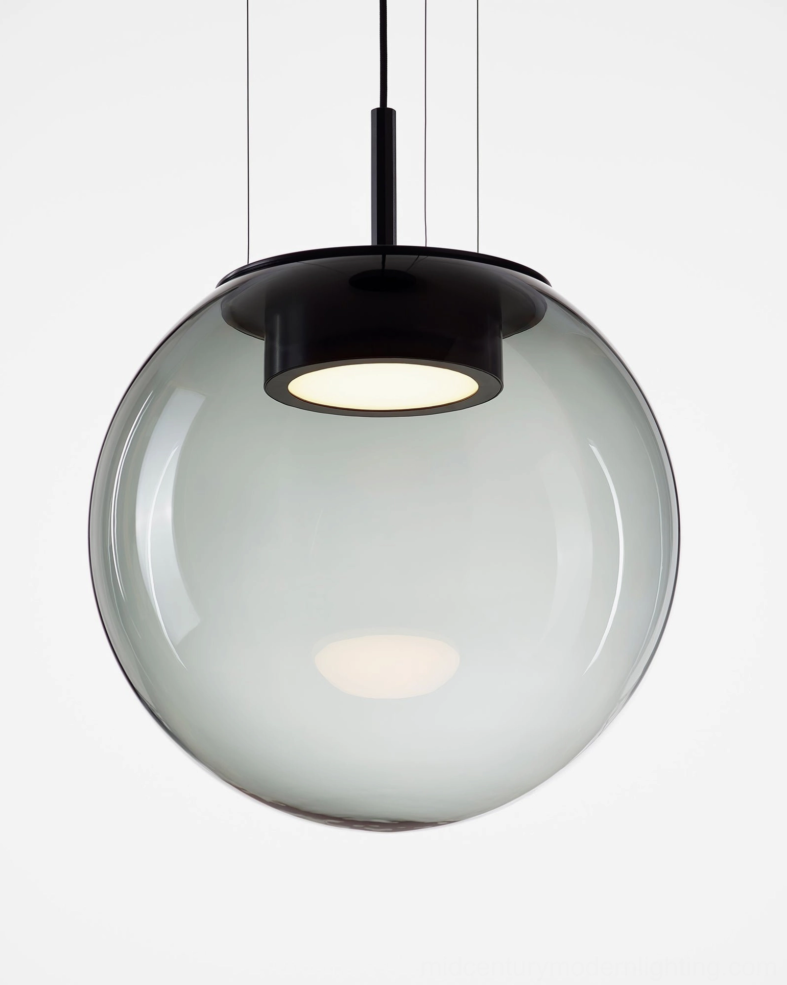Orbis pendant fixture installation detail - ceiling mount with suspension cord and geometric metal collar