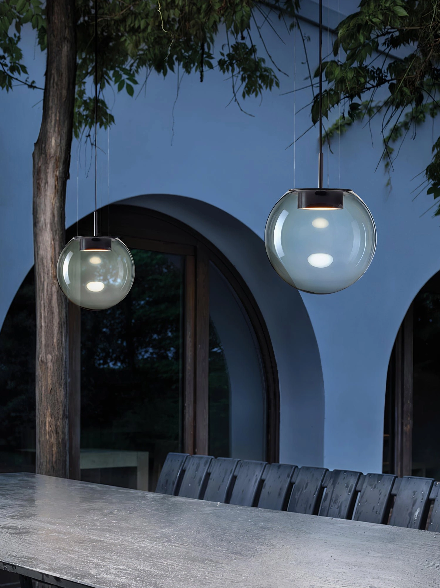 Orbis smoke glass pendant lamp size comparison - medium and large spheres architectural lighting dimensions