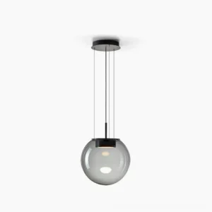 Orbis handblown smoke glass pendant lamp with geometric metal fixture - single sphere minimalist modern lighting