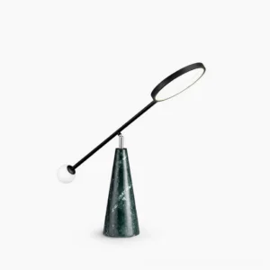 Orbit green marble table lamp with black metal adjustable neck and white sphere shade, front studio view