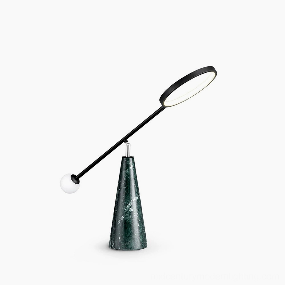 Orbit green marble table lamp with black metal adjustable neck and white sphere shade, front studio view