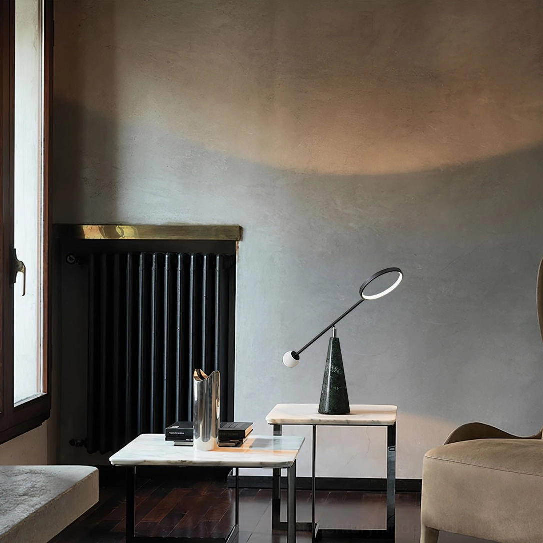 Orbit postmodern table lamp in cozy living lounge area, warm ambient LED lighting atmosphere