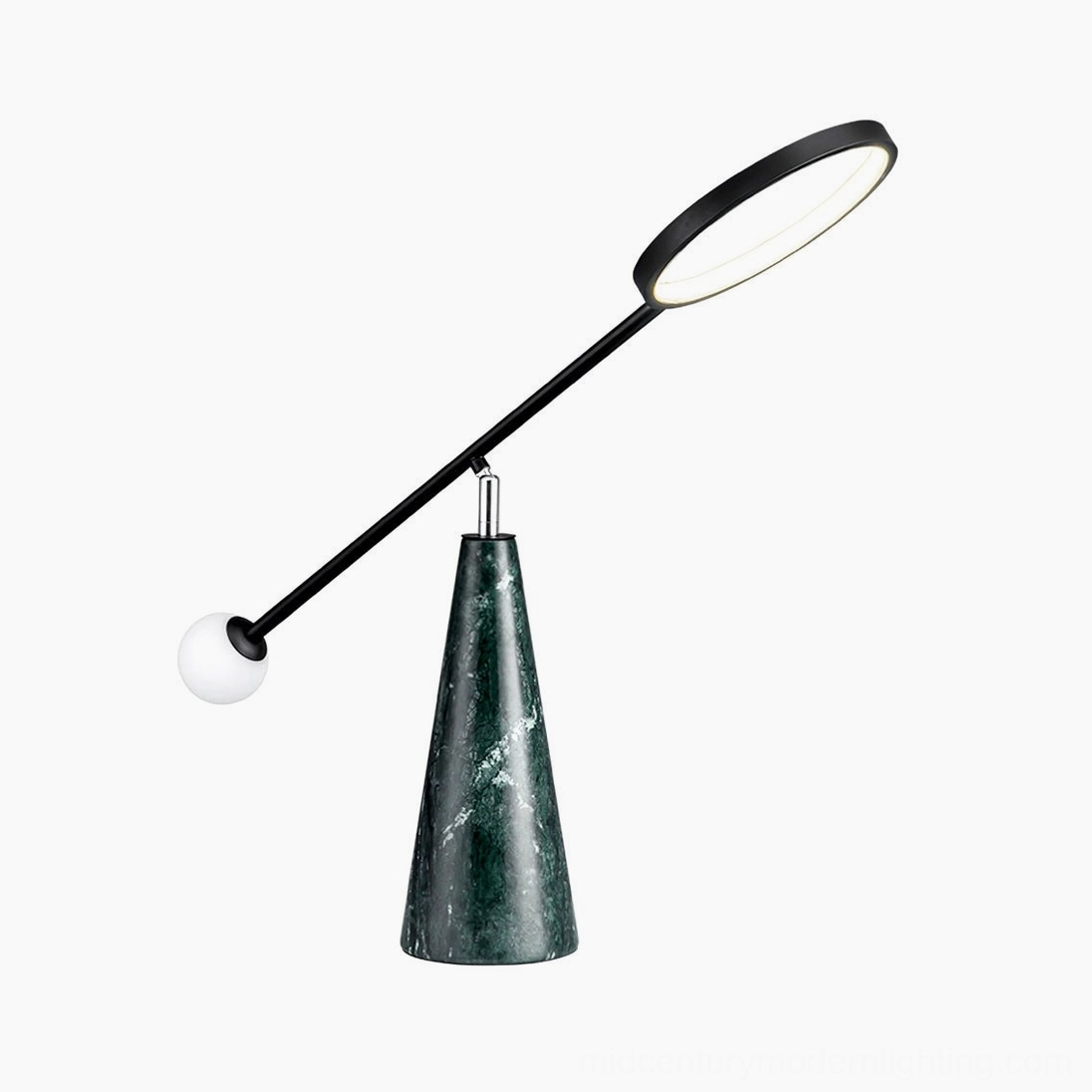 Orbit postmodern LED table lamp featuring sphere shade and triangular geometric base silhouette