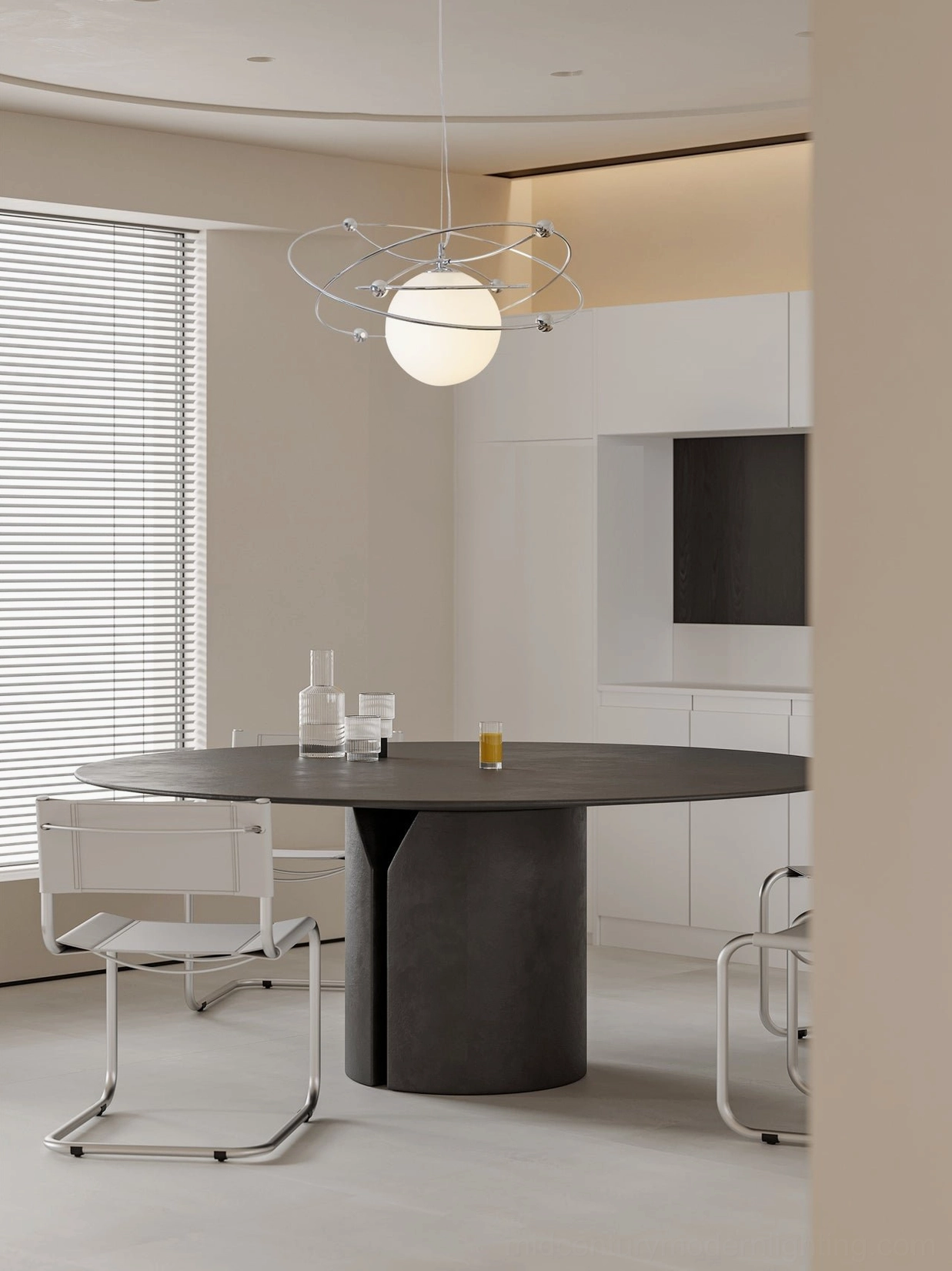 Contemporary view of orbital pendant lamp demonstrating sculptural chrome and glass craftsmanship