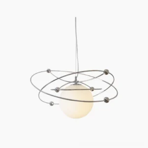 Orbital pendant light with chrome frame and frosted white glass sphere, front view on white background