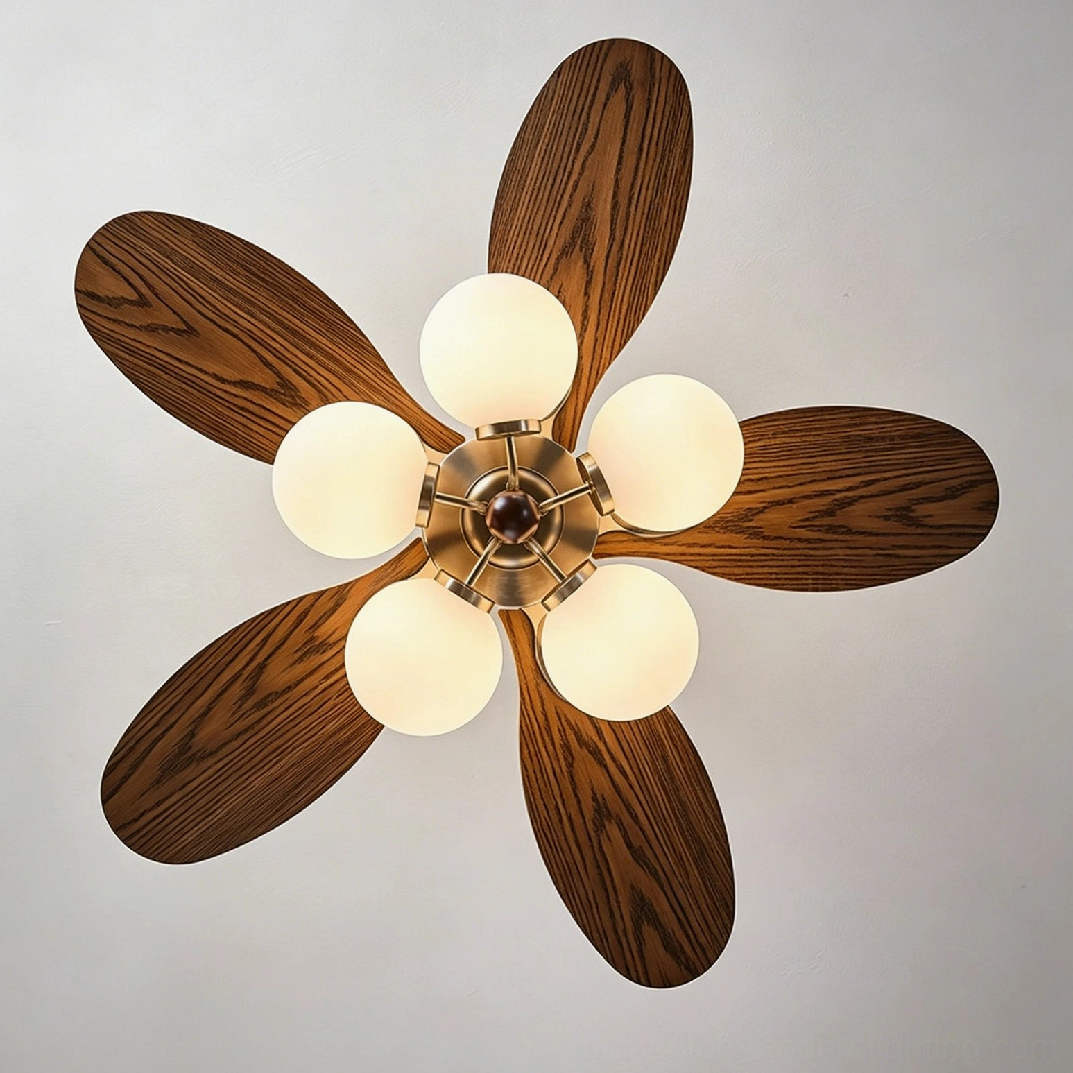 Top-down close-up of ceiling fan light components showing five wood grain blades and five frosted glass globes arranged in symmetrical orbital pattern
