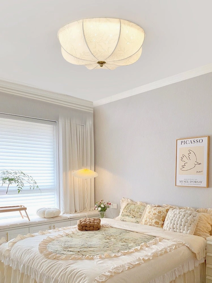 Orchid fabric ceiling light product showcase highlighting white and gold finish options and size variations