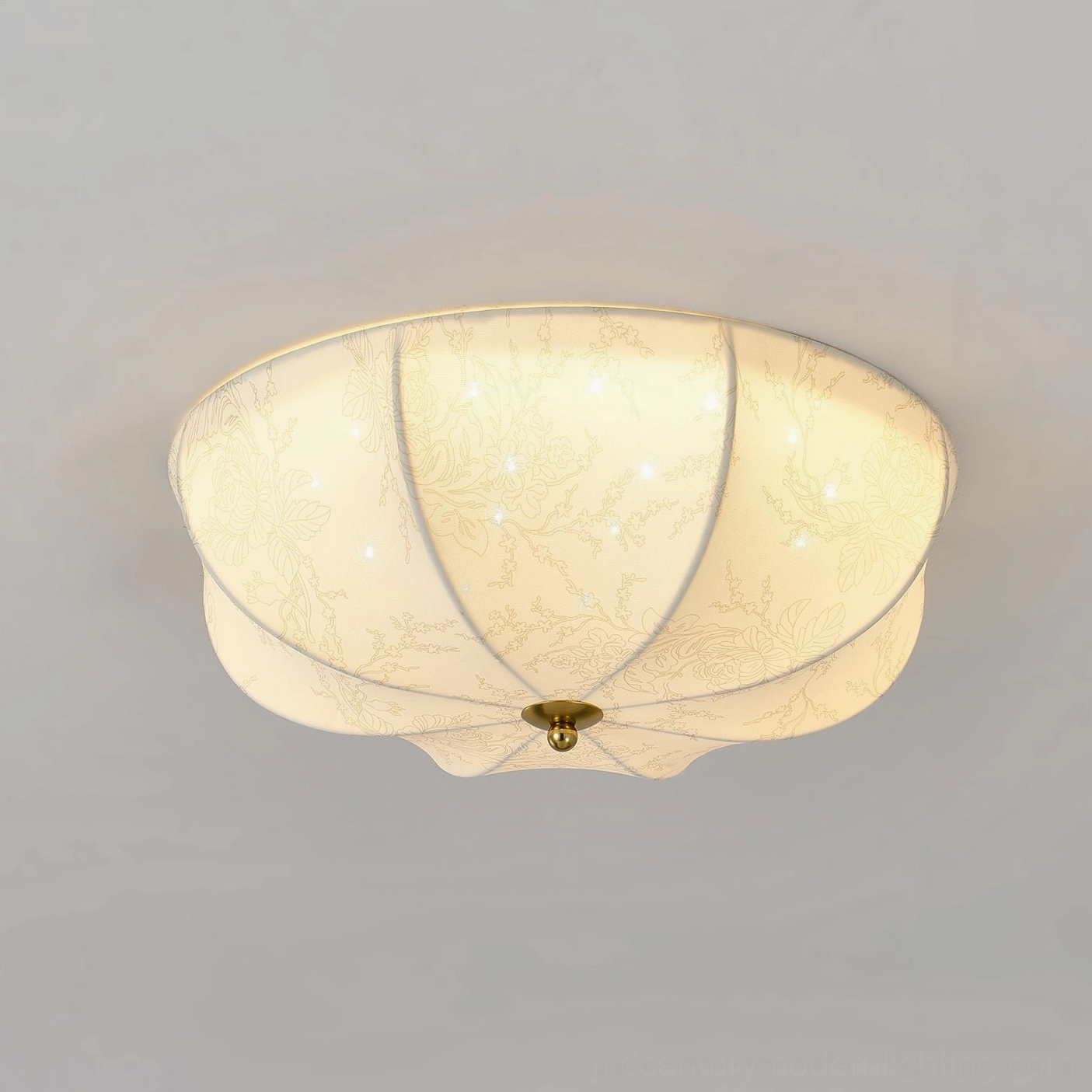 Orchid fabric ceiling light installed on bedroom ceiling casting warm glowing illumination creating intimate ambiance