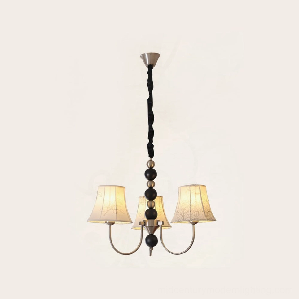 Three-head fabric pendant in chrome and black finish, mid-century modern design for intimate spaces