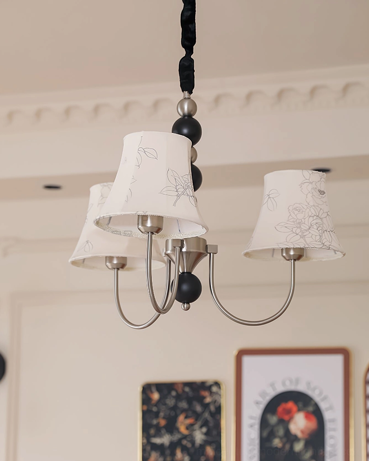Three-head fabric chandelier in compact design, suitable for smaller dining areas and bedroom spaces