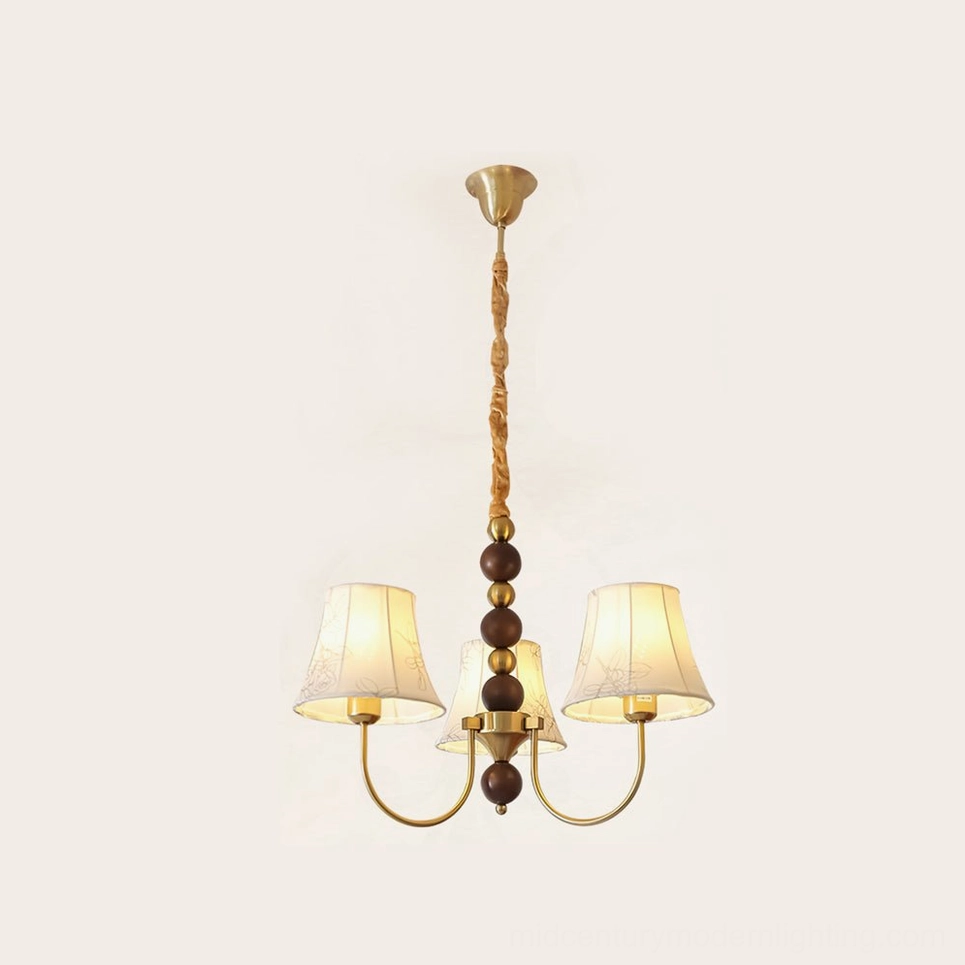 Three-head fabric chandelier in gold and walnut color finish, warm mid-century aesthetic
