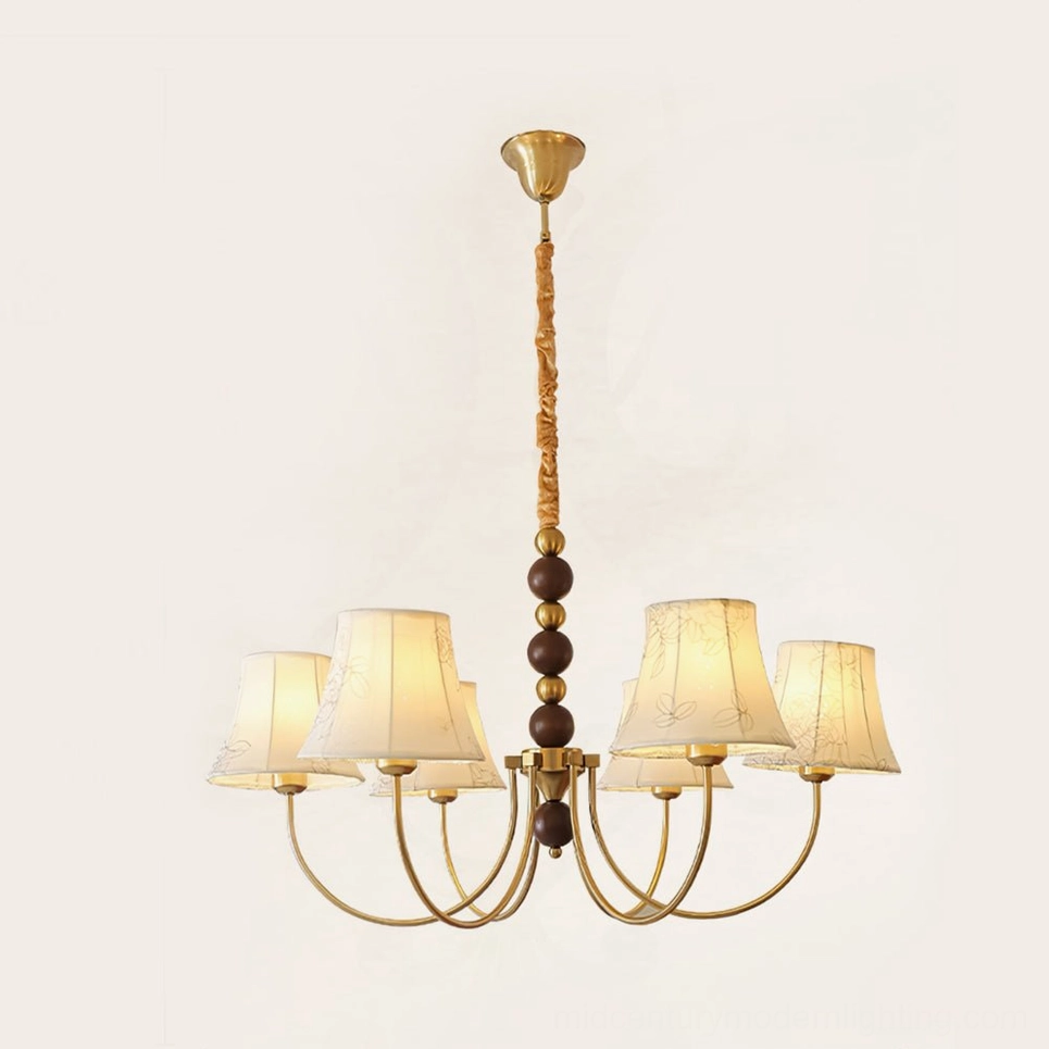 Six-head fabric pendant in gold and walnut color, medium-sized chandelier for standard ceiling heights