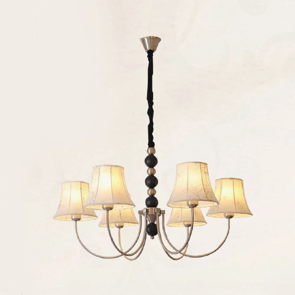 Six-head fabric chandelier in gold and walnut finish with elegant fabric shades, dining room centerpiece
