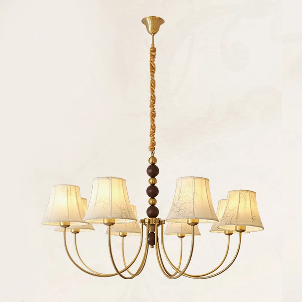 Eight-head fabric chandelier in gold and walnut finish, statement piece for large dining or living areas