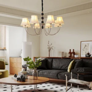 Mid-century modern fabric chandelier with black metal frame in retro living room setting, warm neutral tones