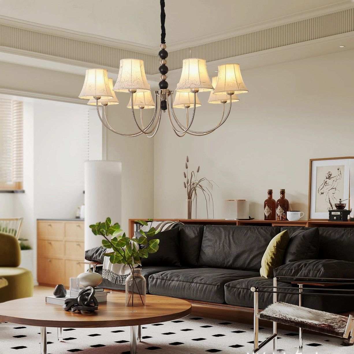 Mid-century modern fabric chandelier with black metal frame in retro living room setting, warm neutral tones