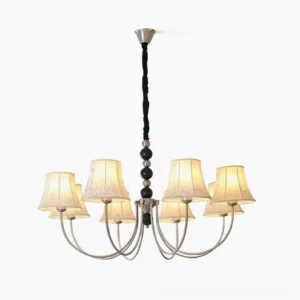 Orchid fabric chandelier with beige fabric shades and silver metal frame, front overhead view in studio lighting