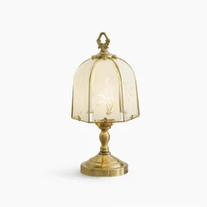 Orchid etched glass table lamp with brass base, front view showing floral pattern detail