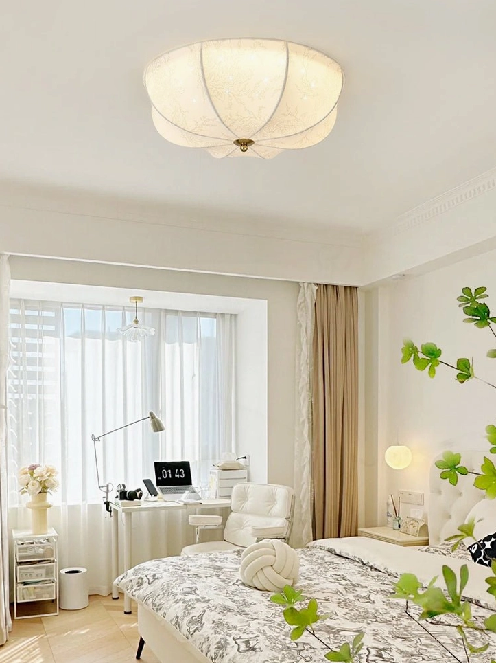 Bedroom corner with wooden window blinds and orchid ceiling light creating minimalist warm contemporary home styling