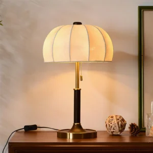 Lit orchid table lamp on wooden side table in warm American retro interior setting with ambient glow