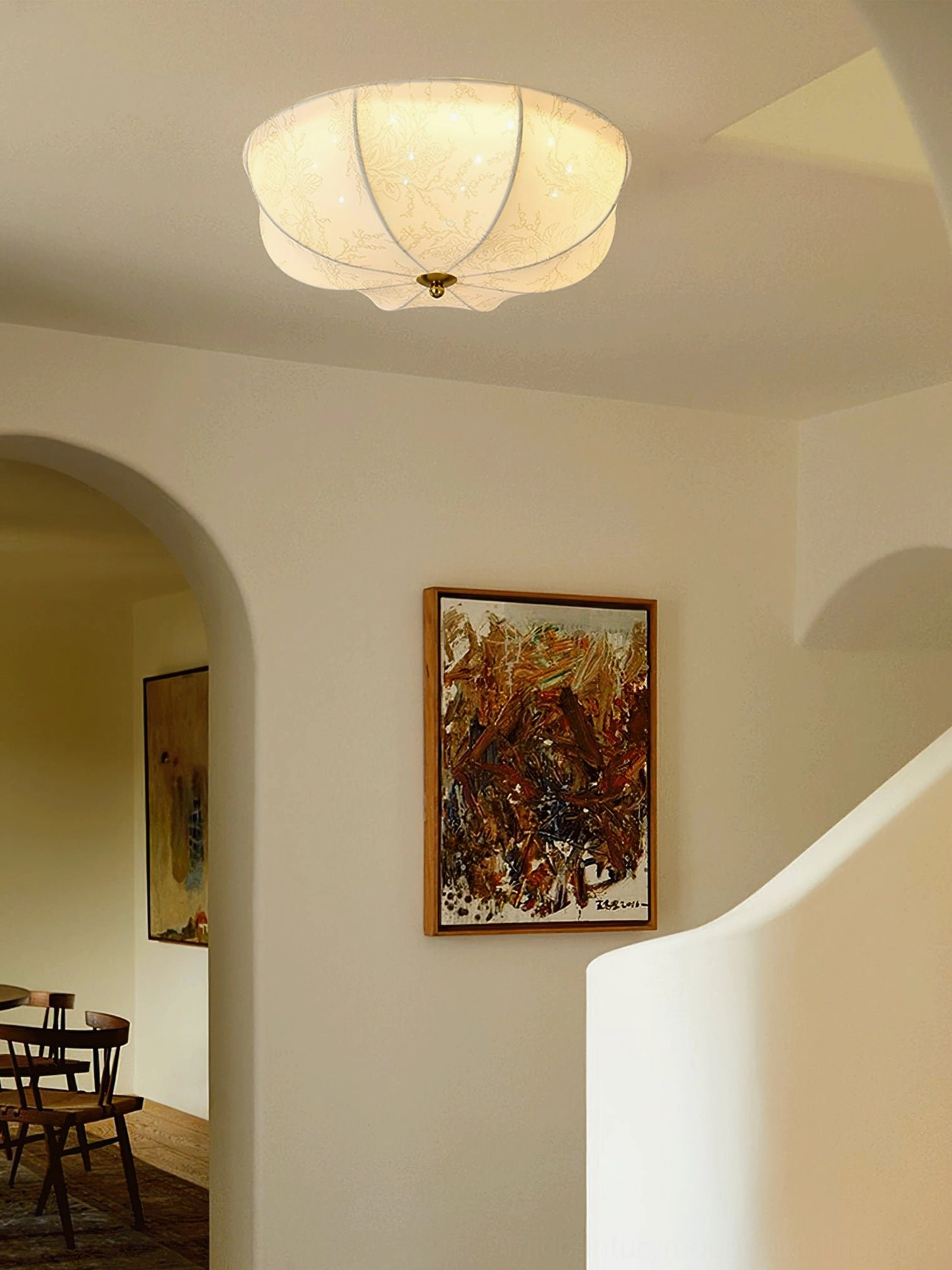 Orchid ceiling light botanical fabric shade front view showcasing detailed floral print and architectural scalloped edges