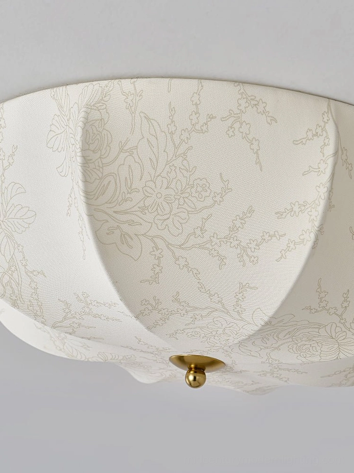 Orchid fabric ceiling light detail shot showing intricate hand-drawn floral motifs and premium woven fabric construction