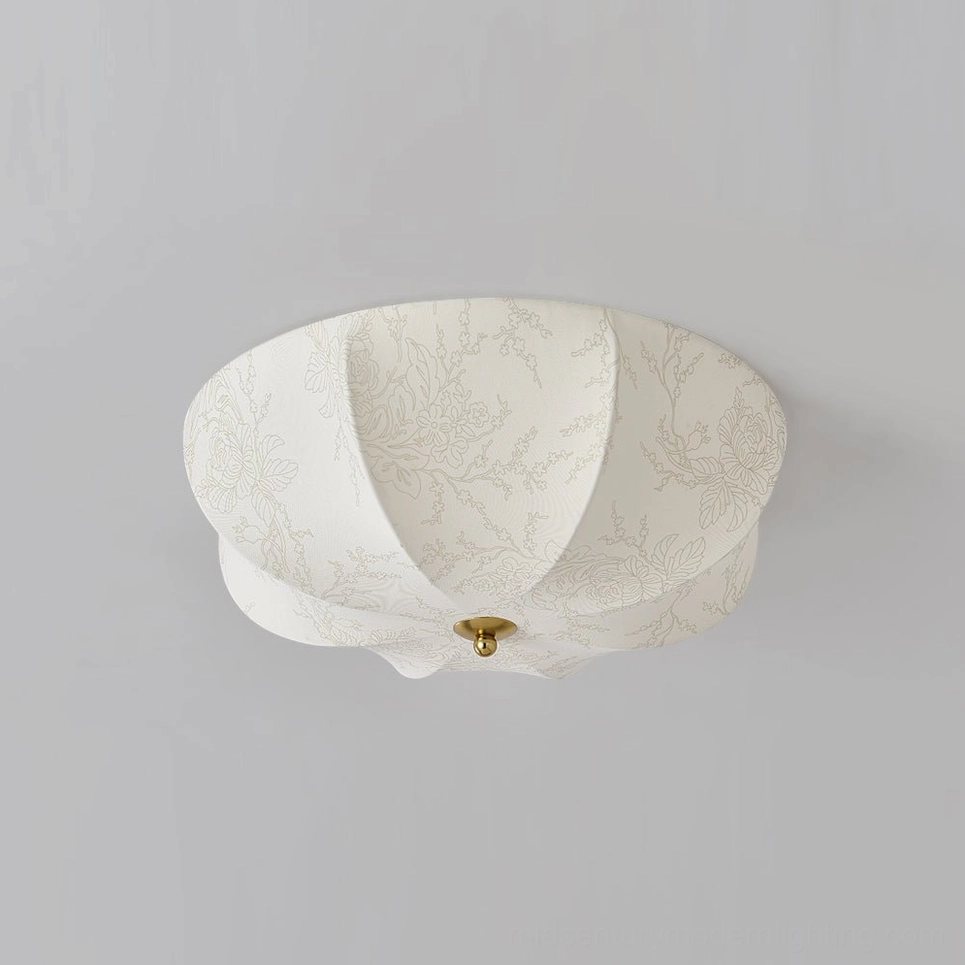 Orchid fabric ceiling light installed in bedroom demonstrating mid-century modern design aesthetic with botanical elements