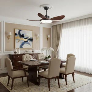 Contemporary ceiling fan light in luxury formal dining room - indoor perspective showcasing warm integrated LED lighting