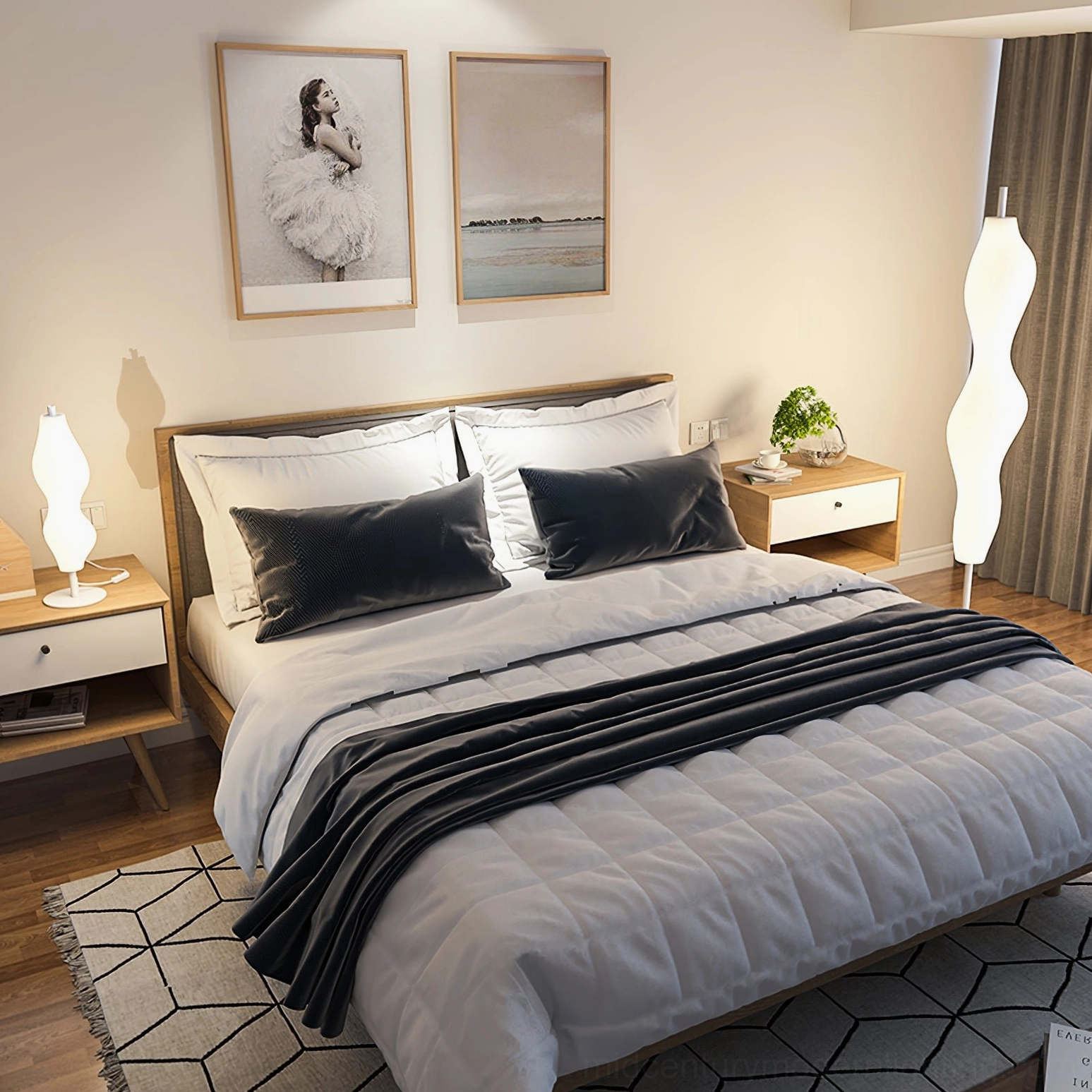 Sculptural white floor lamp showcasing wavy diffuser design from side angle