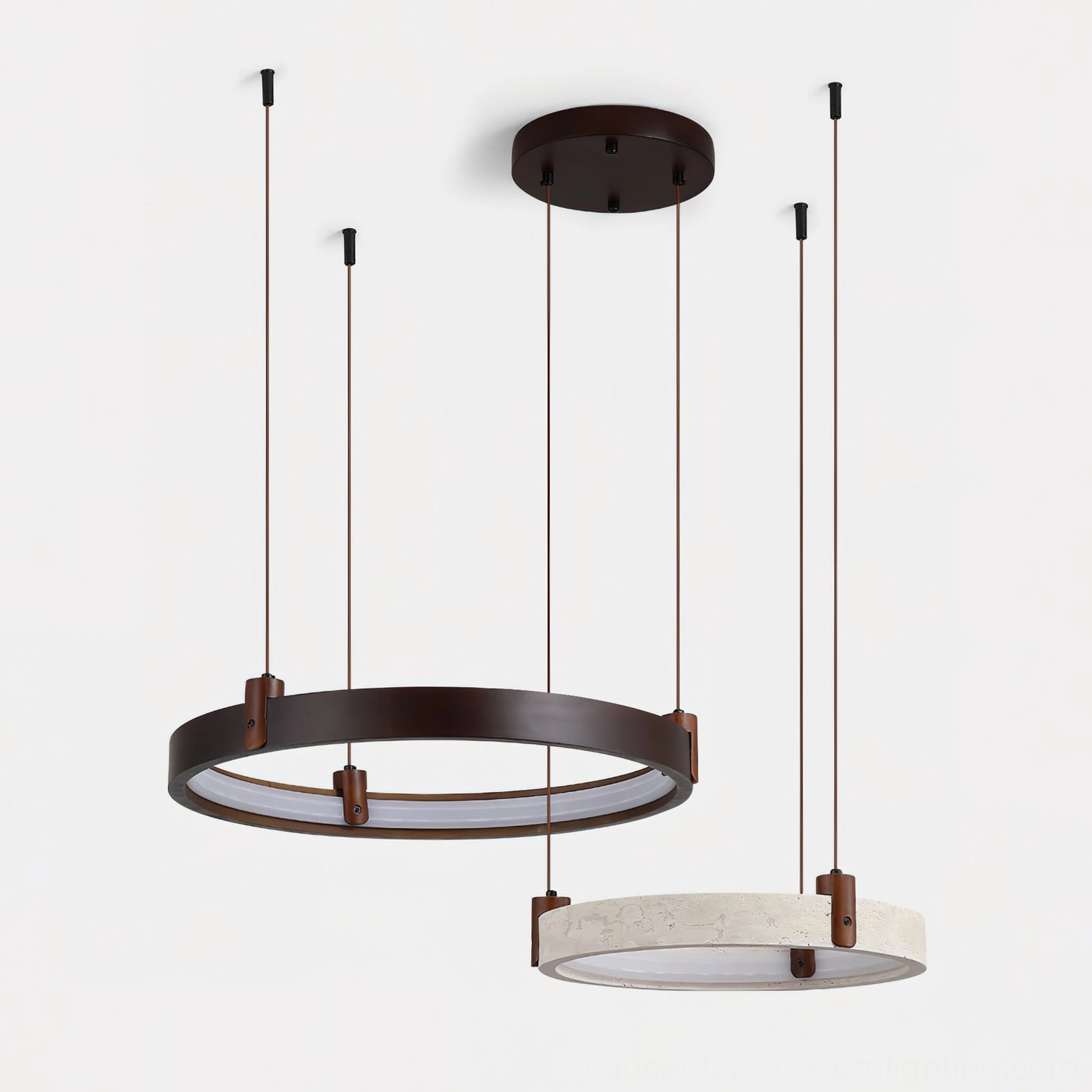 Organic minimalist travertine ring chandelier illuminated with warm integrated LED creating peaceful ambient atmosphere