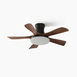 Organic modern flush mount ceiling fan with integrated LED light, black hub and walnut brown blades on white background