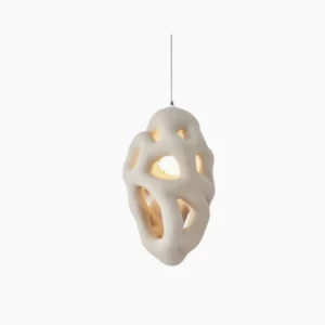 Organic nest pendant lamp with sculptural porous design, white matte finish, minimalist modern lighting fixture