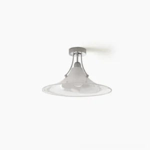 Orient mid-century modern semi-flush ceiling lamp overhead studio view showing polished chrome frame and white glass diffuser