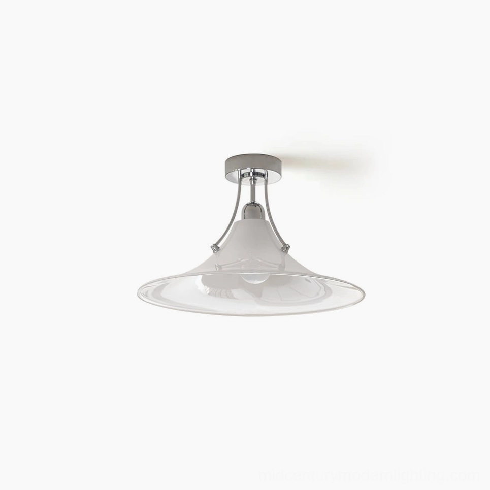 Orient mid-century modern semi-flush ceiling lamp overhead studio view showing polished chrome frame and white glass diffuser