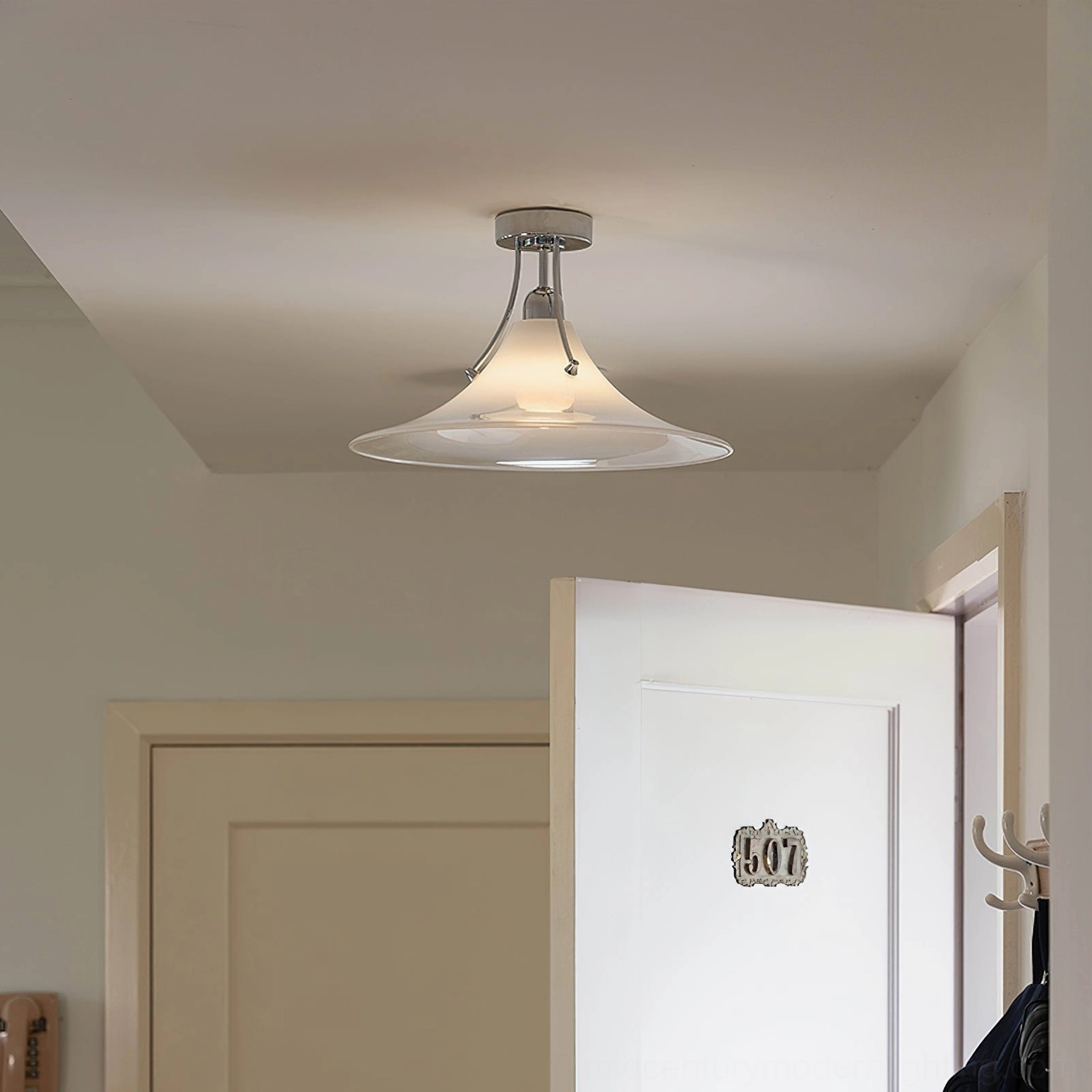Orient mid-century modern semi-flush ceiling lamp product showcase with full dimensions and specifications