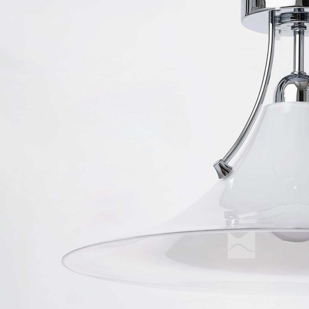 Close-up front view of lit orient ceiling lamp showing exposed bulb chrome ceiling base and layered glass shade