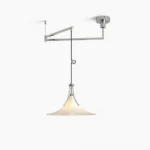 Orient swing arm pendant light with chrome metal frame and frosted white glass shade, overhead studio view showcasing adjustable articulated design