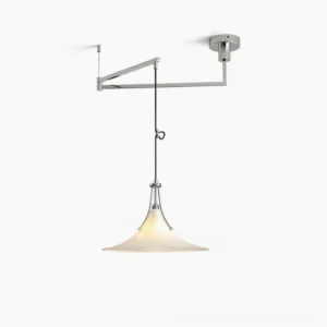 Orient swing arm pendant light with chrome metal frame and frosted white glass shade, overhead studio view showcasing adjustable articulated design