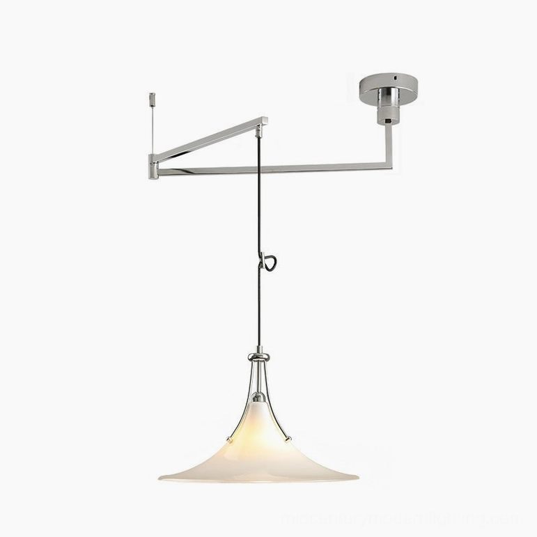 Orient swing arm pendant light front overhead product view, chrome and white finish with full adjustable arm mechanism visible