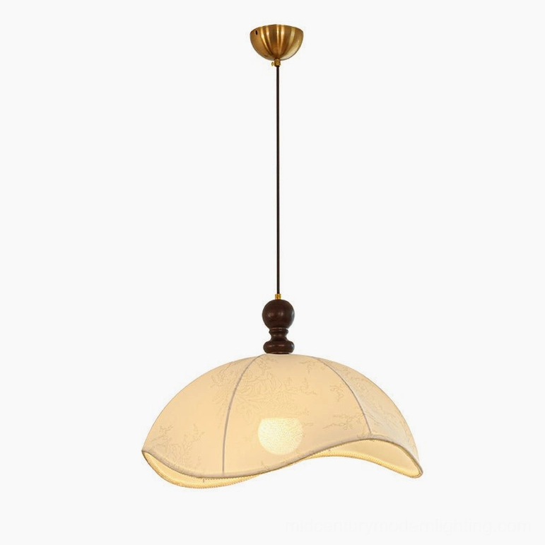 Oriente large 23.6 inch pendant light walnut wood and white fabric shade, 60cm diameter