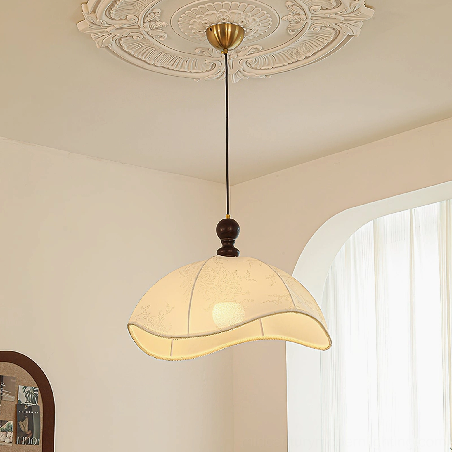 Oriente mid-century modern pendant light elegant fabric shade design studio display