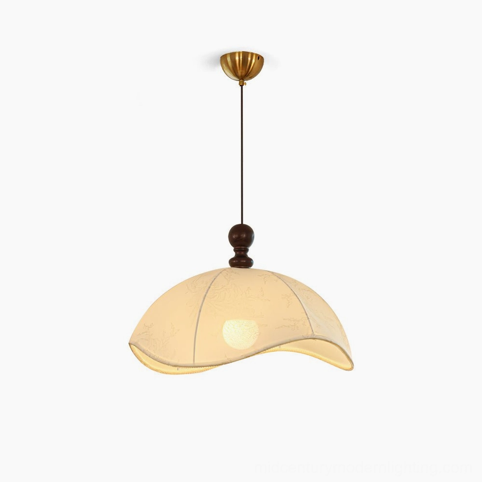 Oriente mid-century pendant light with cream fabric shade and walnut wood base, direct front view product photography