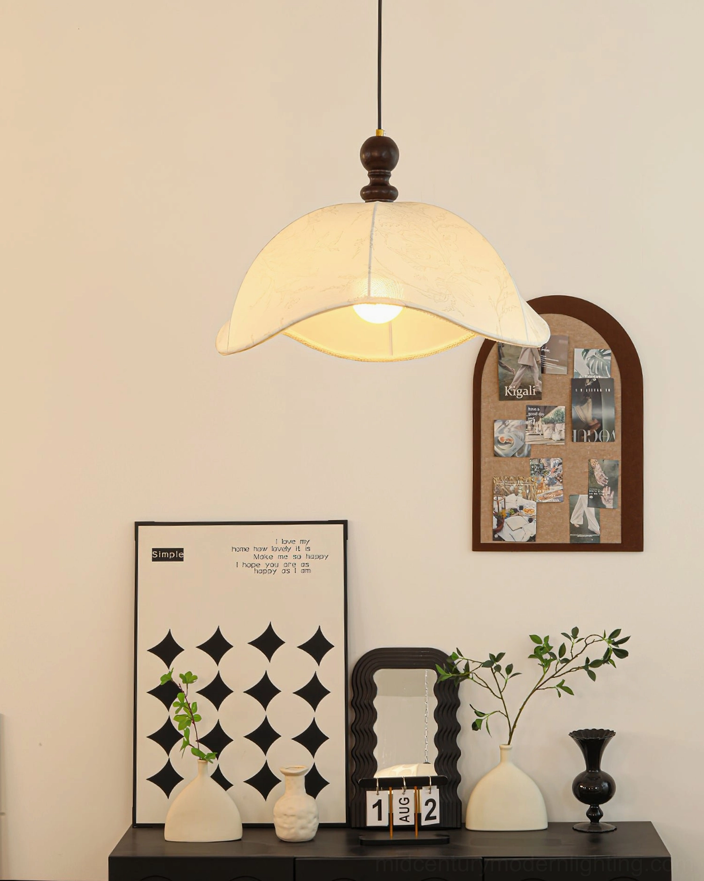 Oriente pendant light bottom-up view in home entryway vintage mid-century decor style